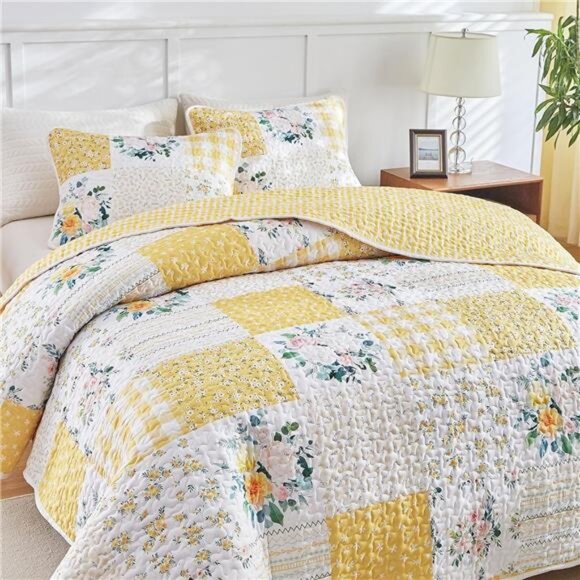 3 Pieces Floral Patchwork Quilt Set Queen, Yellow n White Flowers - Picture 5 of 8